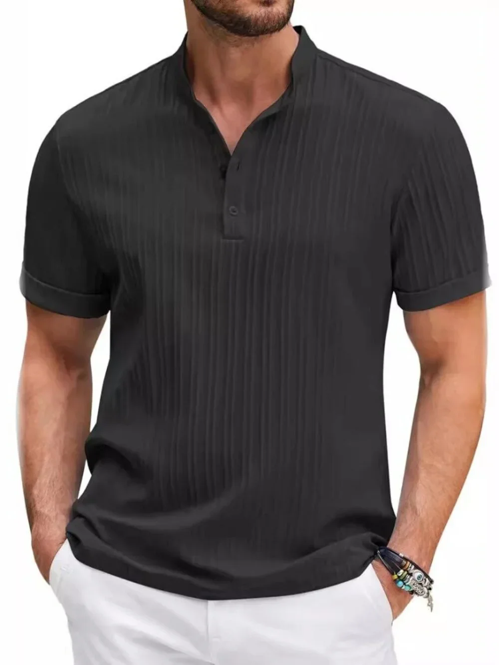 Summer Stand Collar Buttons Short Sleeve T-shirt Solid Color Stripe Polo For Men - Picture 1 of 1